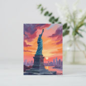 Statue of Liberty NYC Skyline Sunset Watercolor Briefkaart (Staand voorkant)