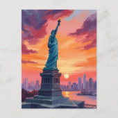 Statue of Liberty NYC Skyline Sunset Watercolor Briefkaart (Voorkant)
