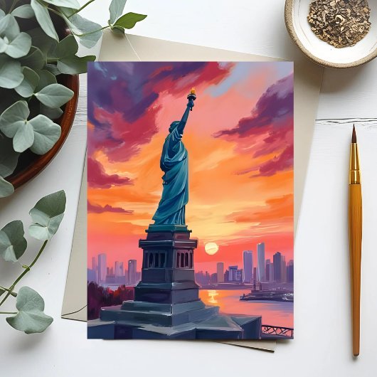 Statue of Liberty NYC Skyline Sunset Watercolor Briefkaart