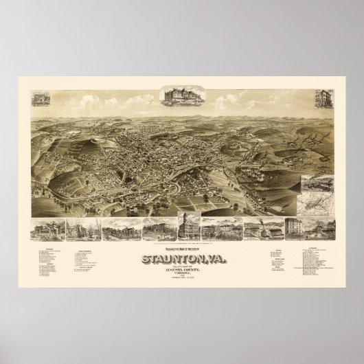 Staunton, VA Panoramic Map - 1891 Poster (Voorkant)