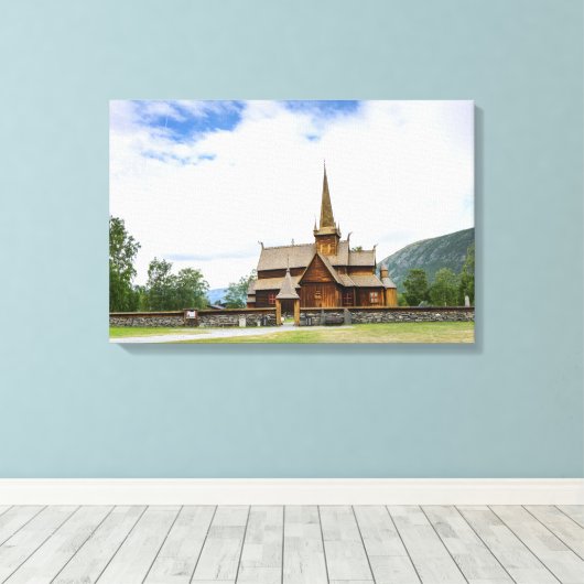 Stave kerk in Lom, Noorwegen canvas print (Insitu (Houten vloer))