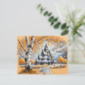 Stave kerk in pastel krijt tekening briefkaart (Staand voorkant)