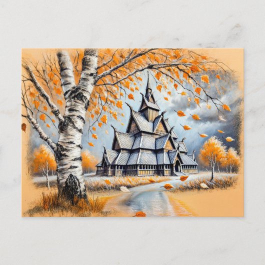 Stave kerk in pastel krijt tekening briefkaart (Voorkant)