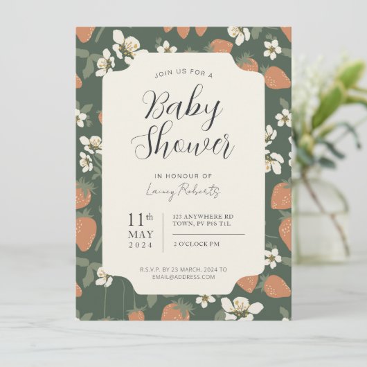 Stawberry Floral Baby shower Invitation Kaart (Staand voorkant)