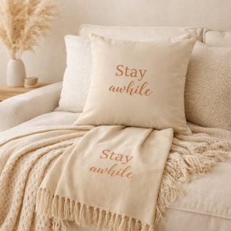 Stay Awhile Pillow Warm Sand Terracotta Typography Kussen