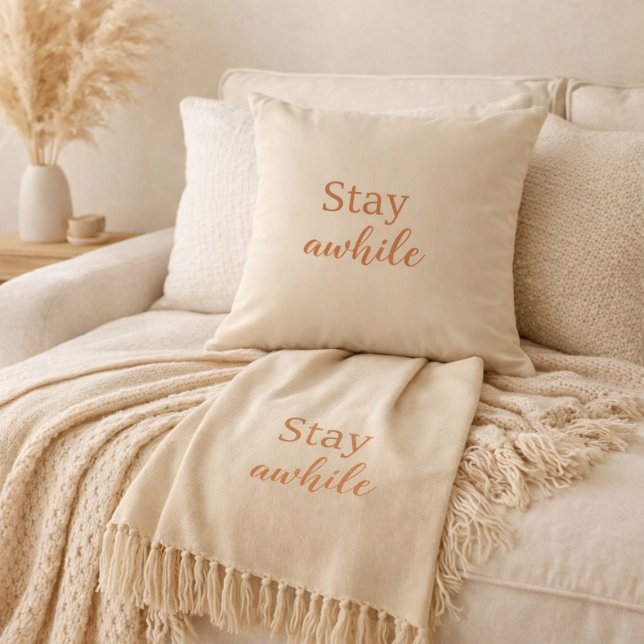 Stay Awhile Pillow Warm Sand Terracotta Typography Kussen (Creator heeft geüpload)