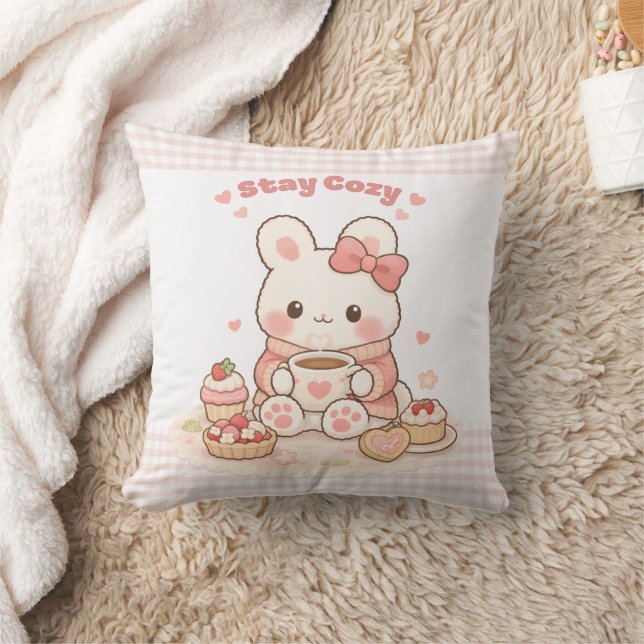Stay Cozy Cute Bunny Pink Gingham Sweet Home  Kussen (Deken)