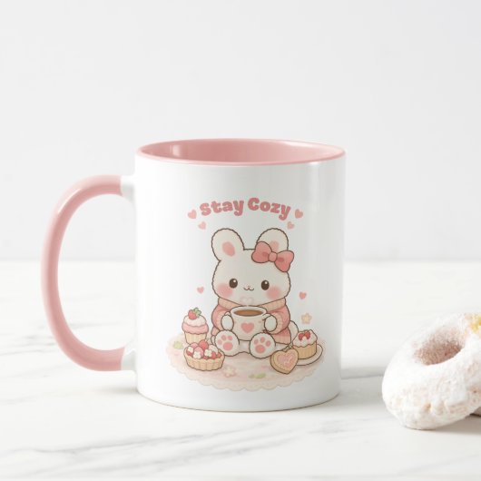 Stay Cozy Cute Bunny Rabbit Sweet Pink Mok (Met donut)