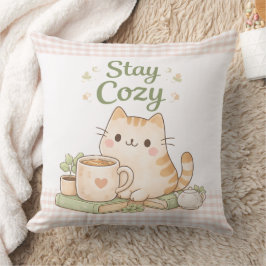 Stay Cozy Cute Kitty Cat Pink Gingham Sweet Home  Kussen