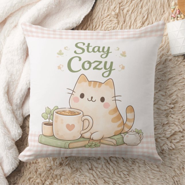Stay Cozy Cute Kitty Cat Pink Gingham Sweet Home  Kussen (Deken)