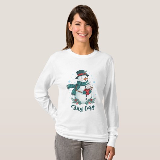 Stay Cozy Winter Snowman With Hot Cocoa T-shirt (Voorkant volledig)