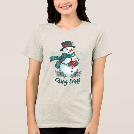 Stay Cozy Winter Snowman With Hot Cocoa Tri-Blend Shirt (Voorkant)