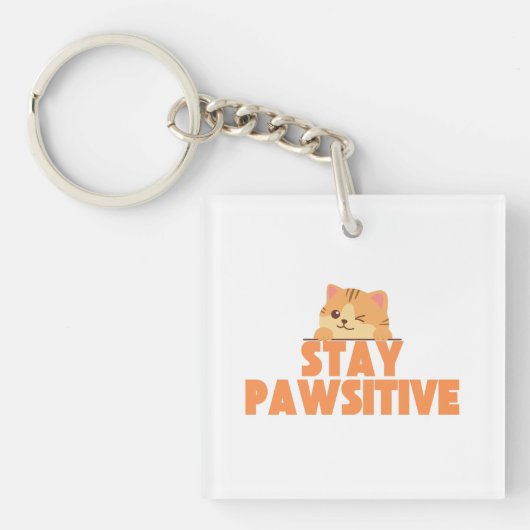 Stay Pawsitive Cute Winking Cat Pun Design Sleutelhanger (voorkant)