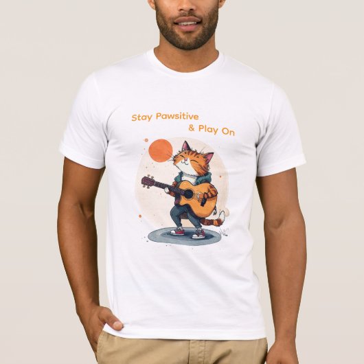 Stay Pawsitive Guitar Cat T-Shirt (Voorkant)