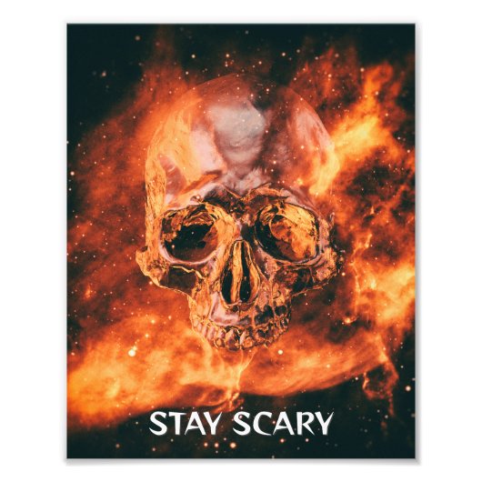 Stay Scary. Flaming skull in space Foto Afdruk (Voorkant)