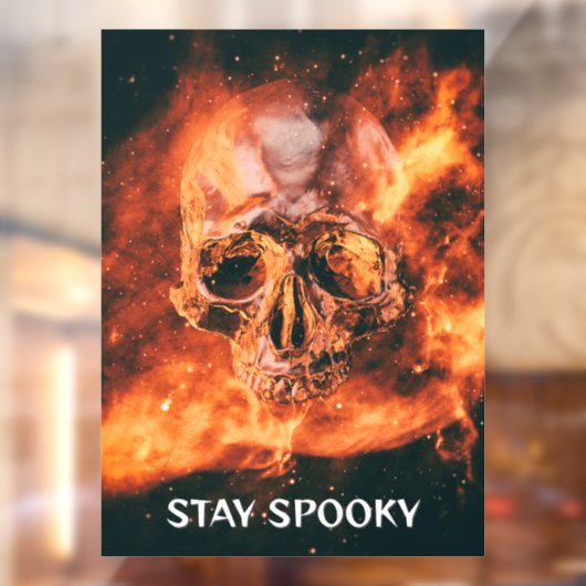 Stay Spooky. Flaming skull in space Raamsticker (Vel 2)