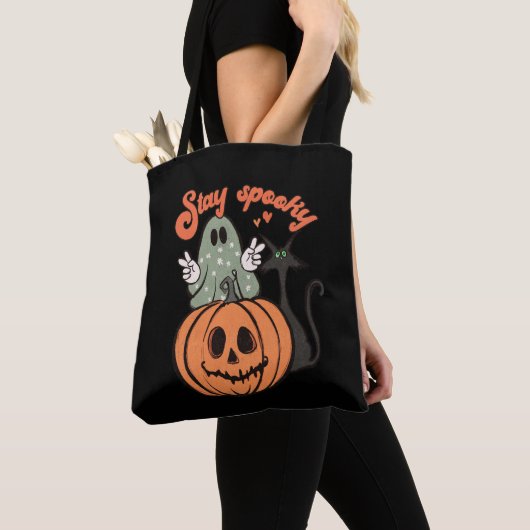 Stay Spooky Ghost Black Cat Black Halloween Tote Bag (Dichtbij)