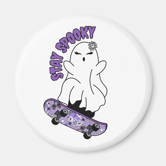 "Stay Spooky" Ghost op een Skateboard - Cool Paars Magneet (Voorkant)