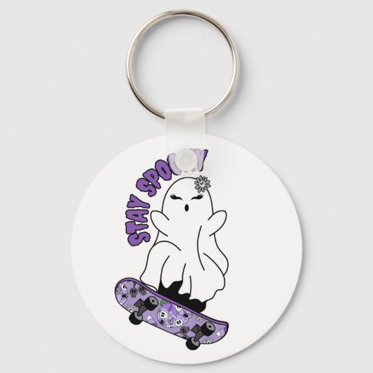 "Stay Spooky" Ghost op een Skateboard - Cool Paars Sleutelhanger (Voorkant)