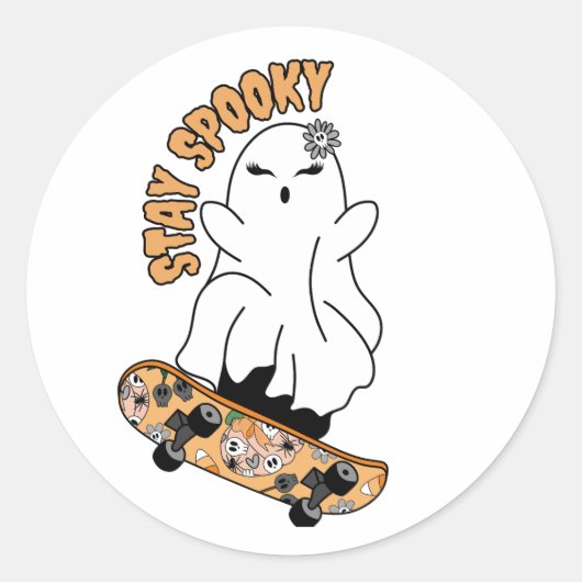 "Stay Spooky" Ghost op een Skateboard - Cool Sinaa Ronde Sticker (Voorkant)