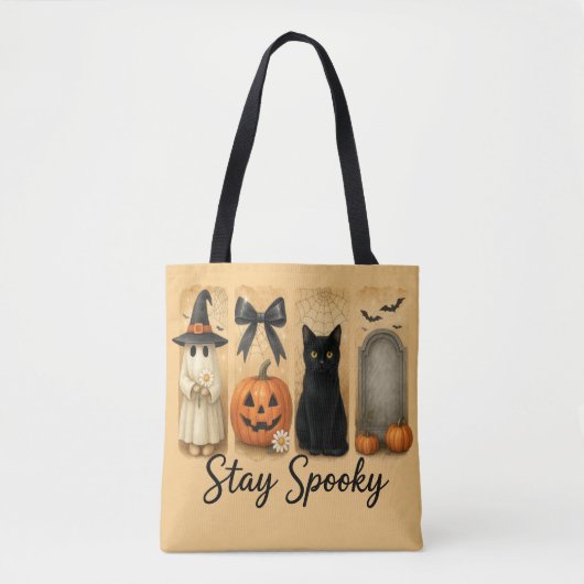 "Stay Spooky" Halloween Brush Stroke Cat Vrouwen Tote Bag (Voorkant)