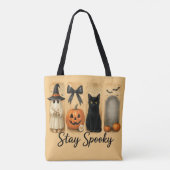 "Stay Spooky" Halloween Brush Stroke Cat Vrouwen Tote Bag (Achterkant)