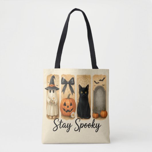 "Stay Spooky" Halloween Brush Stroke Cat Vrouwen Tote Bag (Voorkant)