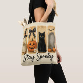 "Stay Spooky" Halloween Brush Stroke Cat Vrouwen Tote Bag (Dichtbij)