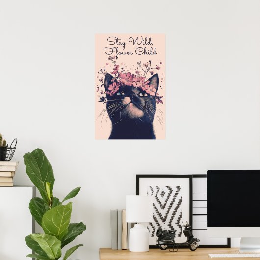 Stay Wild, Flower Child Cat Floral Matte Poster (Thuiskantoor)
