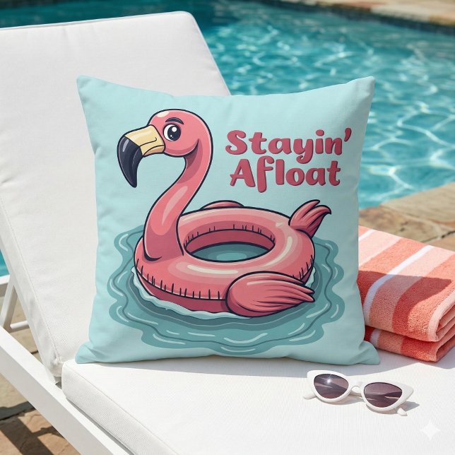 Stayin' Afloat Grappig Flamingo Zwembad Float Retr Kussen (Stayin’ Afloat Funny Flamingo Pool Float Retro Throw Pillow Mockup A)
