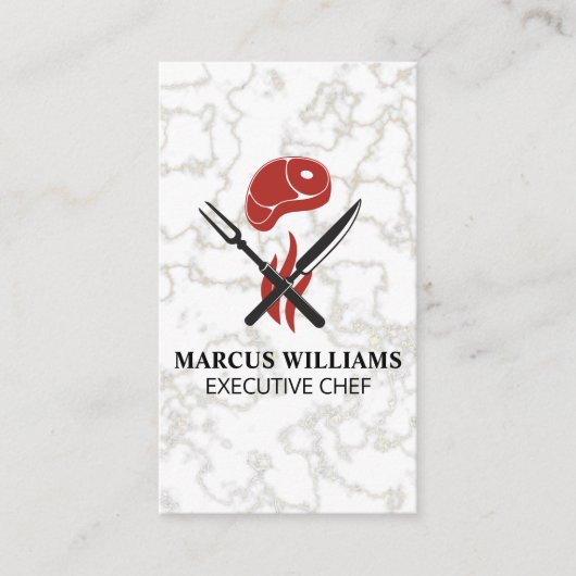 Steak | Bestek servies | Chef | Marmer Visitekaartje (Voorkant)