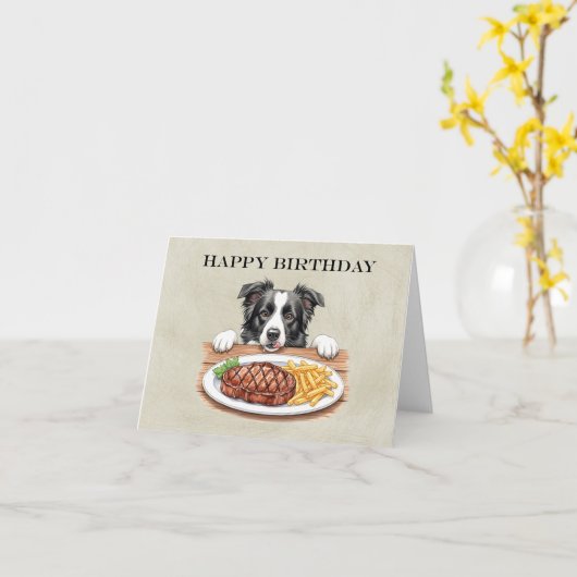Steak en friet Diner Border Collie Verjaardag Kaart (Gele Bloem)