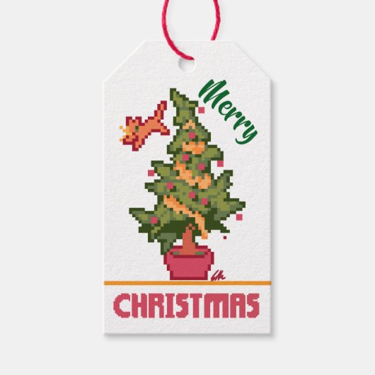 stealing cat, tree, Pixel Art, Merry Christmas  Cadeaulabel (Voorkant)