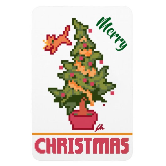 stealing cat, tree, Pixel Art, Merry Christmas  Magneet (Verticaal)