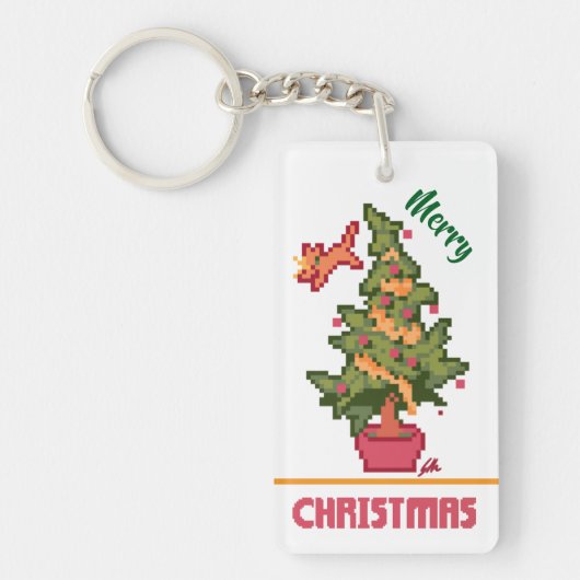 stealing cat, tree, Pixel Art, Merry Christmas  Sleutelhanger (Voorkant)