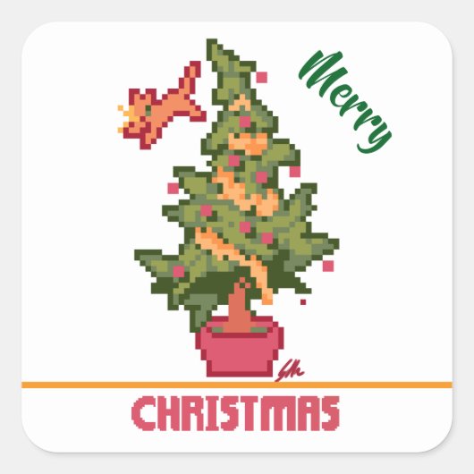 stealing cat, tree, Pixel Art, Merry Christmas  Vierkante Sticker (Voorkant)