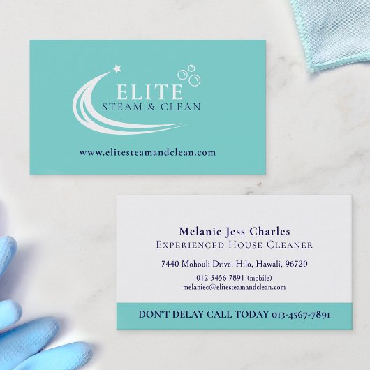 Steam Cleaning Business aqua blue white Visitekaartje