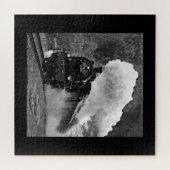Steam engine locomotief black white train forest legpuzzel (Horizontaal)