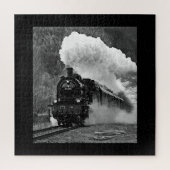 Steam engine locomotief black white train forest legpuzzel (Verticaal)