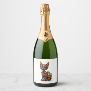 Steam Powered Spint – Steampunk Robot Cat Sparkling Wijnetiket