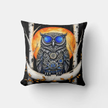Steam Punk Blue Eyed Owl en Volle Maan