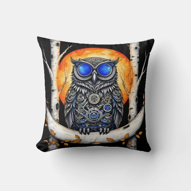 Steam Punk Blue Eyed Owl en Volle Maan Kussen (Voorkant)