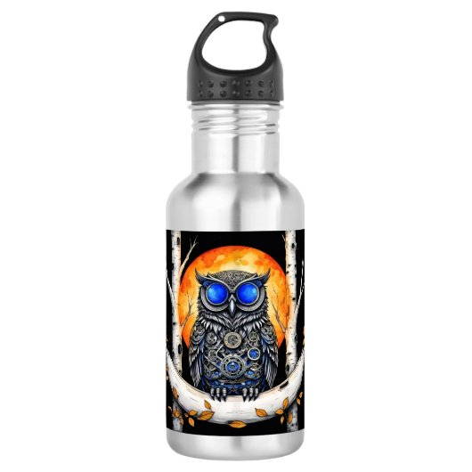 Steam Punk Blue Eyed Owl en Volle Maan Waterfles (Voorkant)