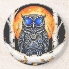 Steam Punk Blue Eyed Owl en Volle Maan Zandsteen Onderzetter
