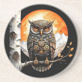 Steam Punk Blue Eyed Owl en Volle Maan Zandsteen Onderzetter