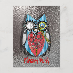 Steam Punk Funny Mechanical Owl Red Blue Briefkaart