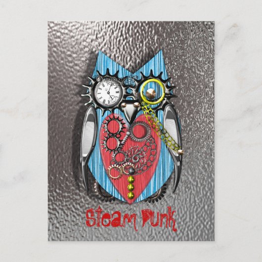 Steam Punk Funny Mechanical Owl Red Blue Briefkaart (Voorkant)