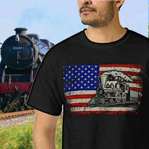 Steam Train Engine Railroad op Amerikaanse vlag T-shirt