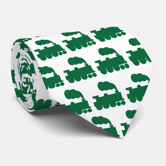 Steam Train Pattern - Forest Green on White Stropdas (Opgerold)