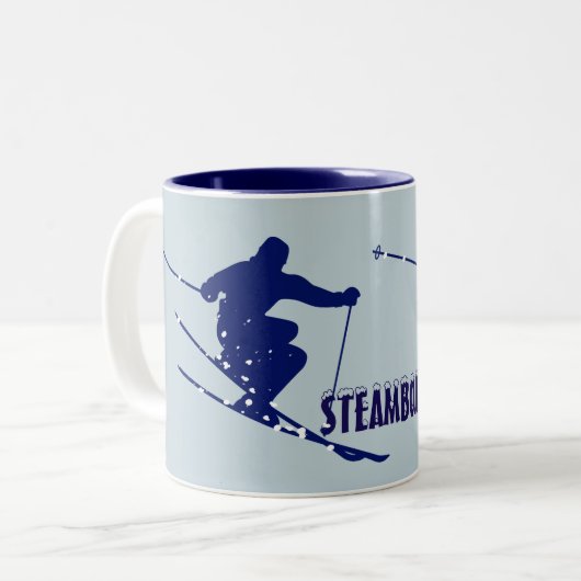 Steamboot Blue Skier Tweekleurige Koffiemok (Voorkant links)